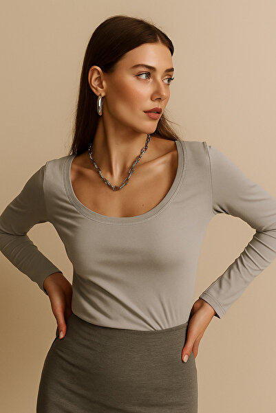 Rich Kadın Gri U Yaka Uzun Kollu Bluz
