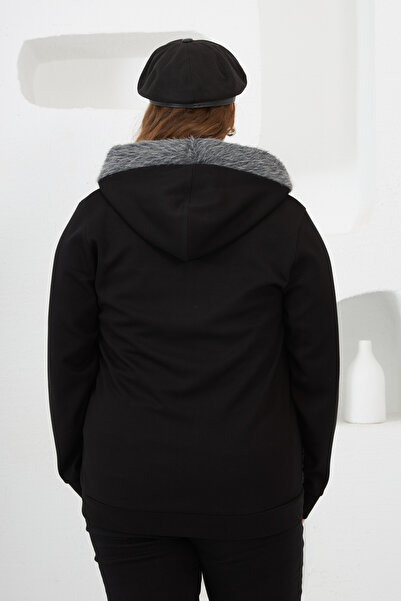 RMG Büyük Beden Kadın Fermuarlı Peluş Detaylı Eşofman Üst