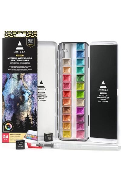 ARTEZA ألوان مائية معدنية، نصف مقلاة - مجموعة من 24