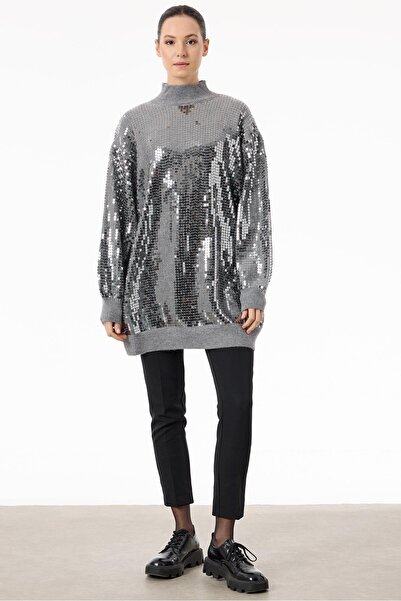Tığ Triko Payetli Yarım Balıkçı Triko Tunik GRİ-ANTRASİT