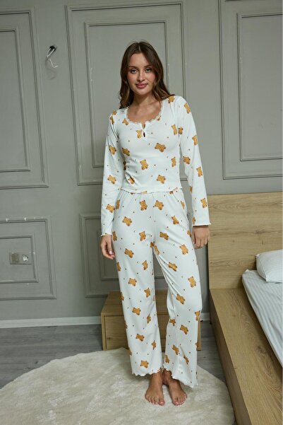 KADİRCE AYICIK Baskılı Uzun Kollu Pamuk - Viskon Pijama Takımı