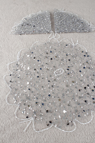 Mortex Gri Tül Boncuklu Pul İşlemeli Gelin Damat Halay Mendili Kına Nişan Söz...