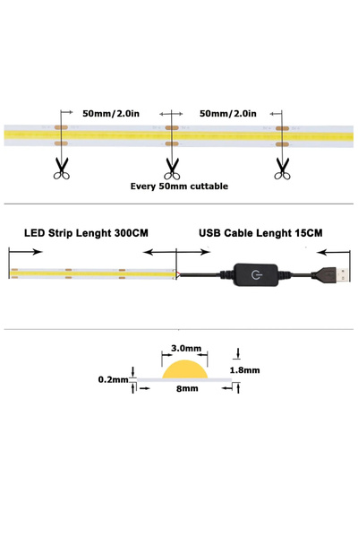 Generic DC 5V USB LED COB Strip with Inline Touch Dimming Switch 3 Meter White Warm