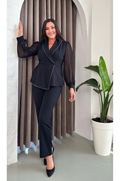 Butik Nilyam Дамски комплект вечерна рокля с кръстосано деколте, шифон, балонни ръкави и перлени детайли, размер плюс, черен 25009