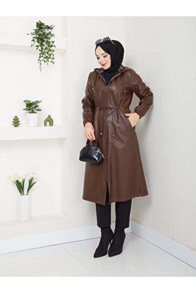 Genel Markalar Kadın Kapüşonlu Fermuarlı Belden Bağlamalı Kahverengi Suni Der...