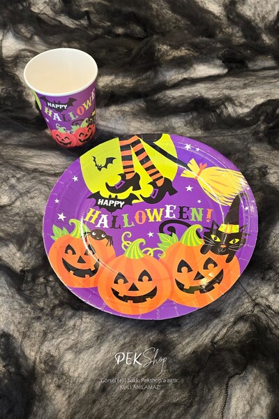 PEKSHOP Cadılar Bayramı Karton Tabak Bardak Seti 8 li Paket Halloween Tabak Bardak
