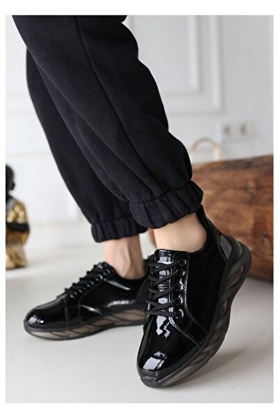 FRESCO SCARFS Black Patent Leather Gray Sole Sports Shoes 259688