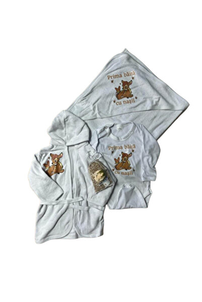 Botez Set pentru prima baita – caprioara cu prosop, body, halat si saculet cu...