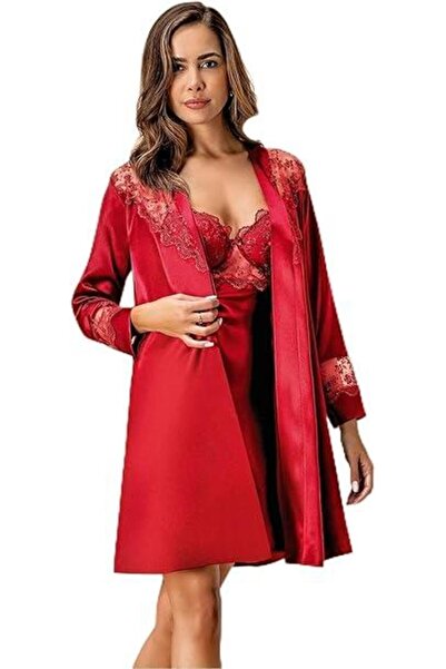 Nurteks Γυναικείο Σετ Νυχτικό Σατέν Κιμονό Βουργουνδίας 2 τεμαχίων 5384