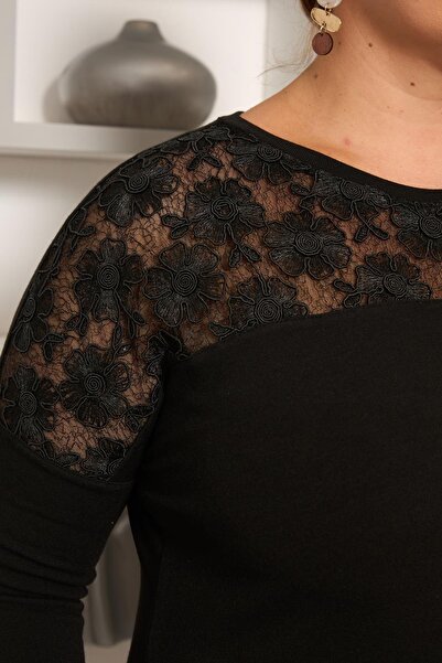 RMG Plus Size Cordone Lace Garnished Blouse Black