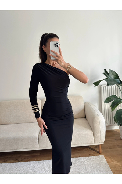 Zoom Butik Tek Omuz Drapeli Elbise - SİYAH