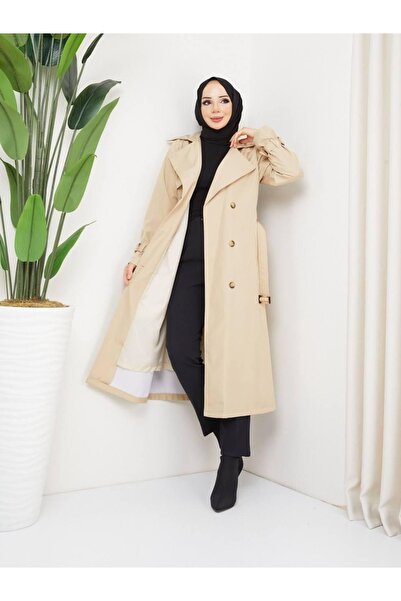 nisanurfashion Kadın Kemerli Çift Düğmeli Krem Astarlı Trençkot