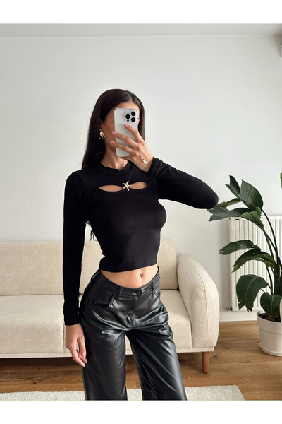 Zoom Butik Tokalı Çift Pencere Crop - SİYAH