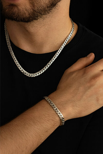 VATESTUGE مجموعة سلاسل سميكة للرجال - قلادة وسوار من الفولاذ باللون الفضي