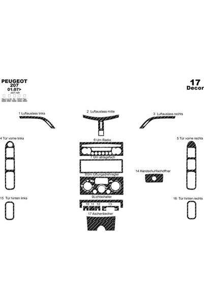 Marscockpitdesign غطاء كونسول وصندوق السيارة لبيجو 207 موديل 2007، 17 قطعة