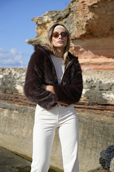 BLACKPERA Yumuşak Doku Astarlı Fermuarlı Kürk Mont