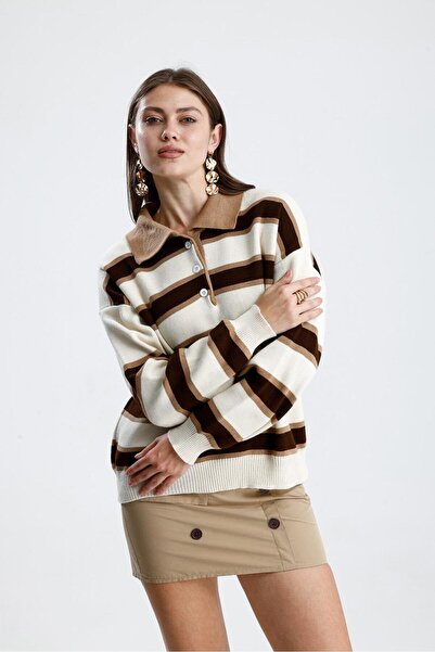 Rawanda Γυναικείο πλεκτό πουλόβερ με ριγέ κουμπιά με λαιμόκοψη πόλο