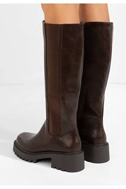 B T Shoes Hnedé vysoké kozačky na plochém podpatku Calipso
