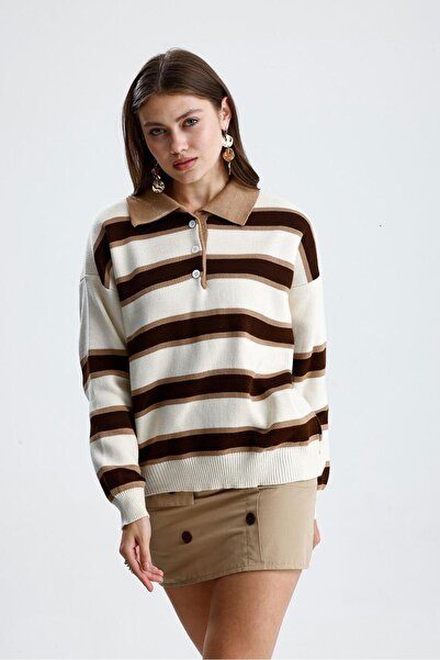 Rawanda Pulover tricotat pentru femei cu guler polo cu nasturi în dungi