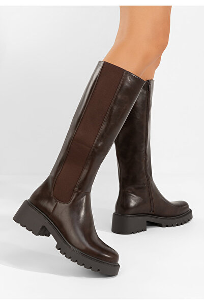 B T Shoes Hnedé vysoké kozačky na plochém podpatku Calipso