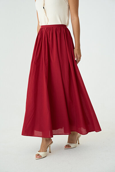 LOOSH Kadın Kırmızı Uzun Astar Detaylı Pileli Maxi Etek