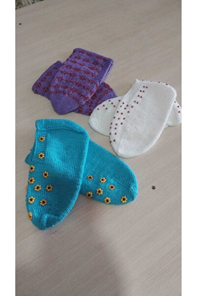 Papatyam 3 Pieces Hand Knitted Five-Skewer Booties / Handmade Booties / Dowry Booties / Knitted / Home Booties / Handmade Socks