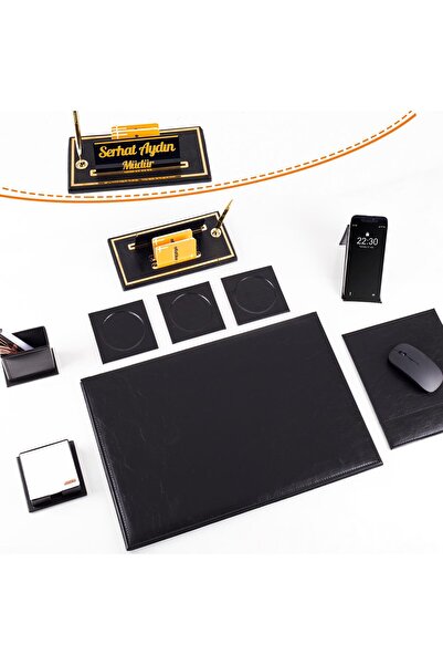 Ofistike Optima 9 Parça Siyah Deri Sümen Seti Takımı Gold Kalem Ofis Masa İsi...