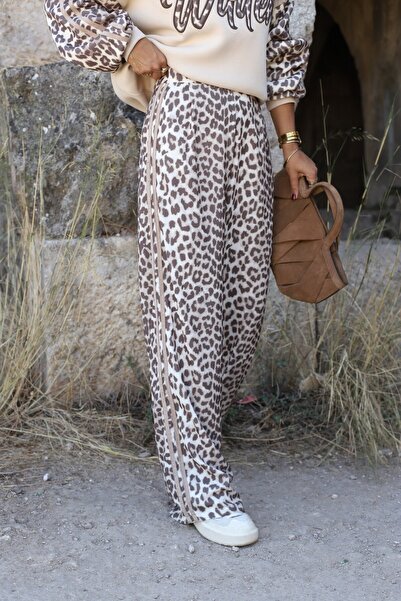 bytugcekaya Kahve Leopar Desenli Şeritli Pantolon