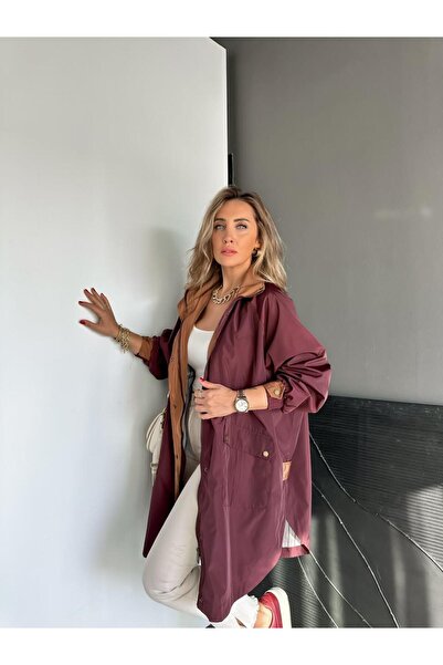 Zerrincan Giyim Bordo Kapşonlu Tasarım Premium Trençkot