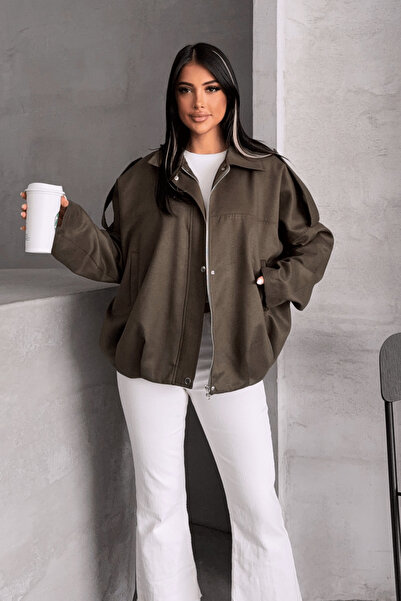 BEYBOS Jachetă bomber din țesătură din piele intoarsa cu epoleți - VERDE KHAKI