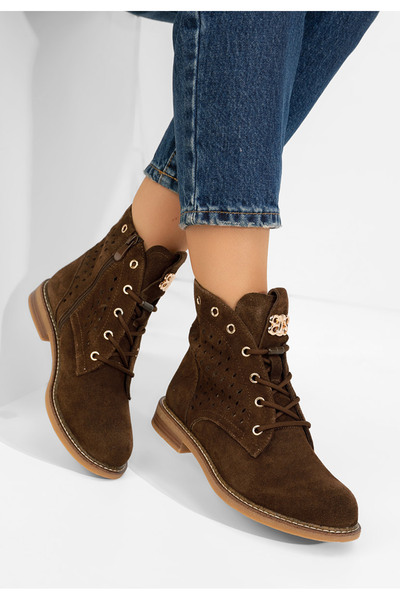 B T Shoes Γυναικείες δερμάτινες μπότες Φαρέλα καφέ