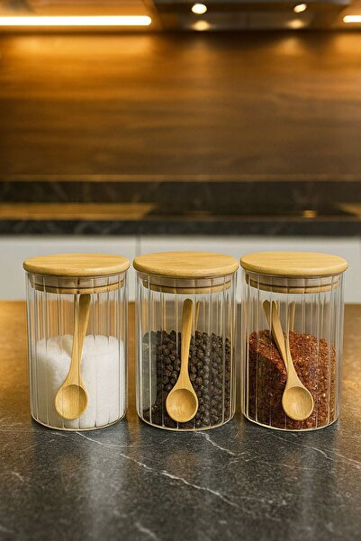 ENYAZA(2024) 3'Lü Borosilikat Cam Bambu Kaşıklı Bambu Kapaklı Optik Çizgili B...