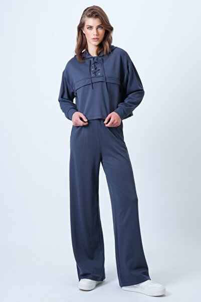 VAGGON Women's Anthracite Hooded Bird-Eye Sweatshirt and Palazo Pants Modal Set Vs01174