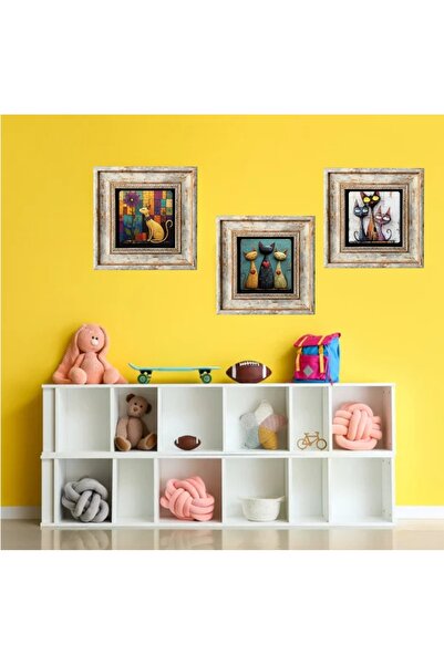 STONEVİVEART Çerçeveli Taş Duvar Dekoru 3 Adet 20x20Cm Kediler Tablosu