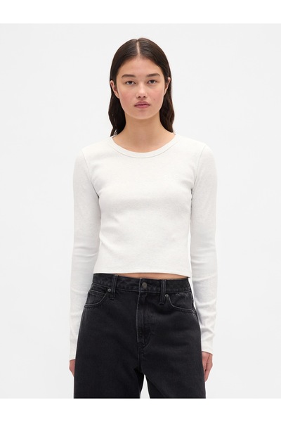 GAP Kadın Bej Ribana Crop Bisiklet Yaka T-Shirt