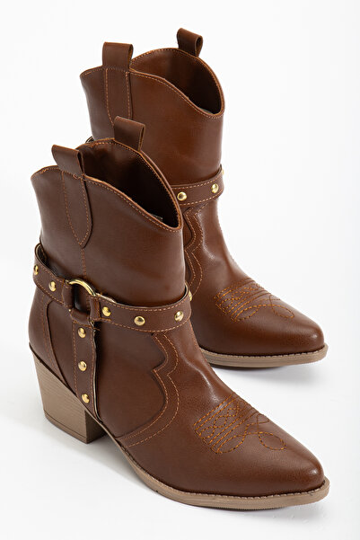 MS SUGAR SHOES Western Kovboy Kadın Taba Cilt Nakışlı Trok detaylı Kısa Bot