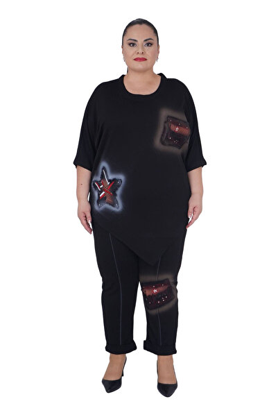 Darkmen Women's Plus Size Black Bottom Top Star Embroidered Two-Piece Set