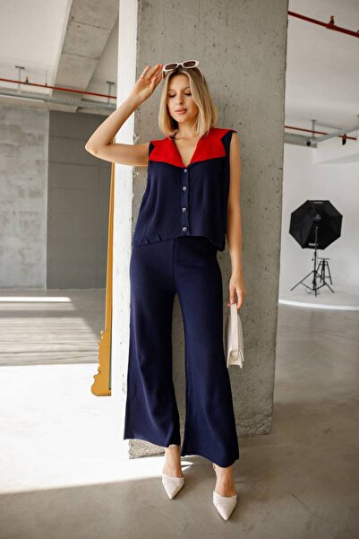 EsSo butik طقم سترة وبنطلون منسوج بياقة مدببة