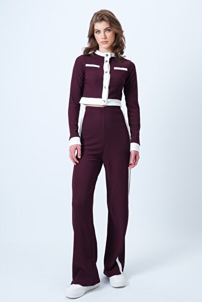 VAGGON Women's Burgundy Color Block Crop Jacket and Ottaban Pants Set Vs01179