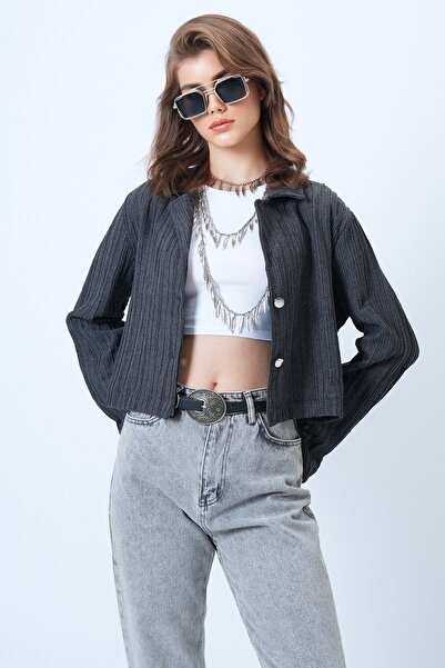 VAGGON Women's Anthracite Double Button Deep V-Neck Textured Crop Jacket Vs01180