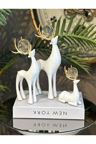 Elta Collection Dekoratif Beyaz Geyik Biblo 3’lü Set Gold Boynuzlu Kristal Toplu Ev Aksesuarı