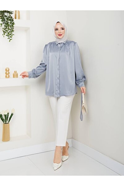 nisanurfashion قميص نسائي من الساتان باللون الرمادي