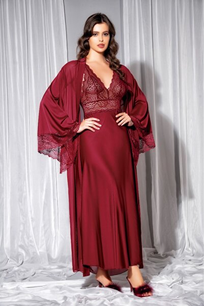 lidofya Dekolteli Dantelli Uzun Bordo Saten Gecelik Sabahlık Takım