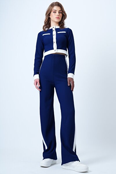 VAGGON Women's Navy Blue Color Block Crop Jacket and Ottaban Pants Set Vs01179