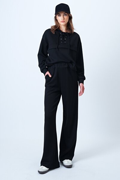 VAGGON Women's Black Hooded Bird-Eye Sweatshirt and Palazo Pants Modal Set Vs01174