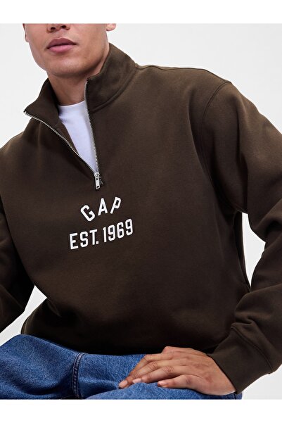 GAP Erkek Kahverengi VintageSoft Oversized Logo Yarım Fermuarlı Sweatshirt