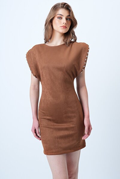 VAGGON Women's Tan Backless Dress with Padded Shoulders and Shoulder Drops Suede Dress Vs01192