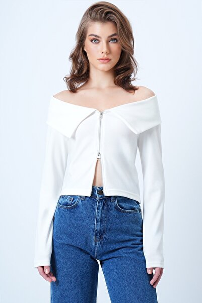 VAGGON Women's White Carmen Collar Zipper Detailed Ottoban Blouse Vs01187