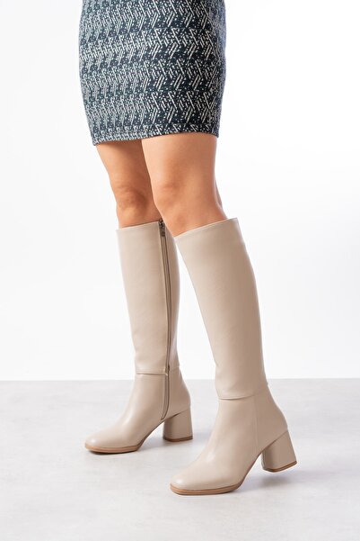 DİVOLYA Oleda Beige Leather Heeled (6 cm) Daily Use Boots with Side Zipper