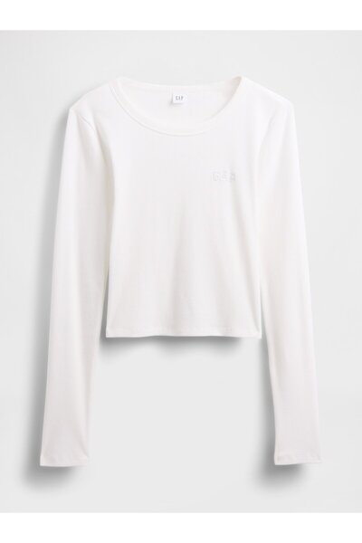GAP Kadın Beyaz Ribana Crop Bisiklet Yaka T-Shirt